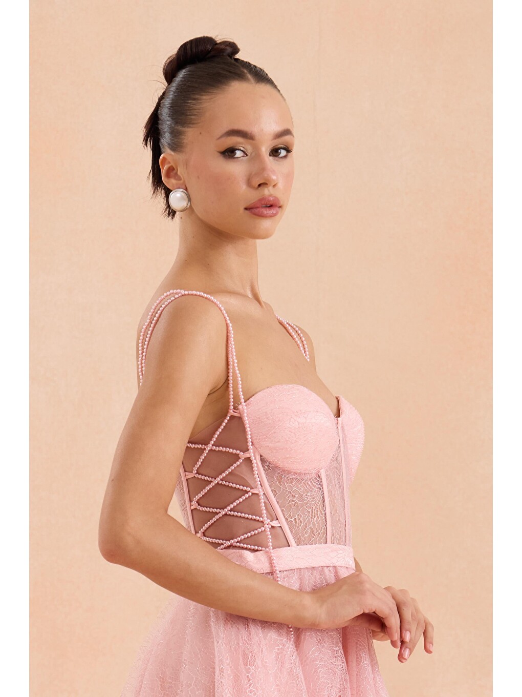 Pembe Pudra Midi Dantelli Abiye Elbise-2