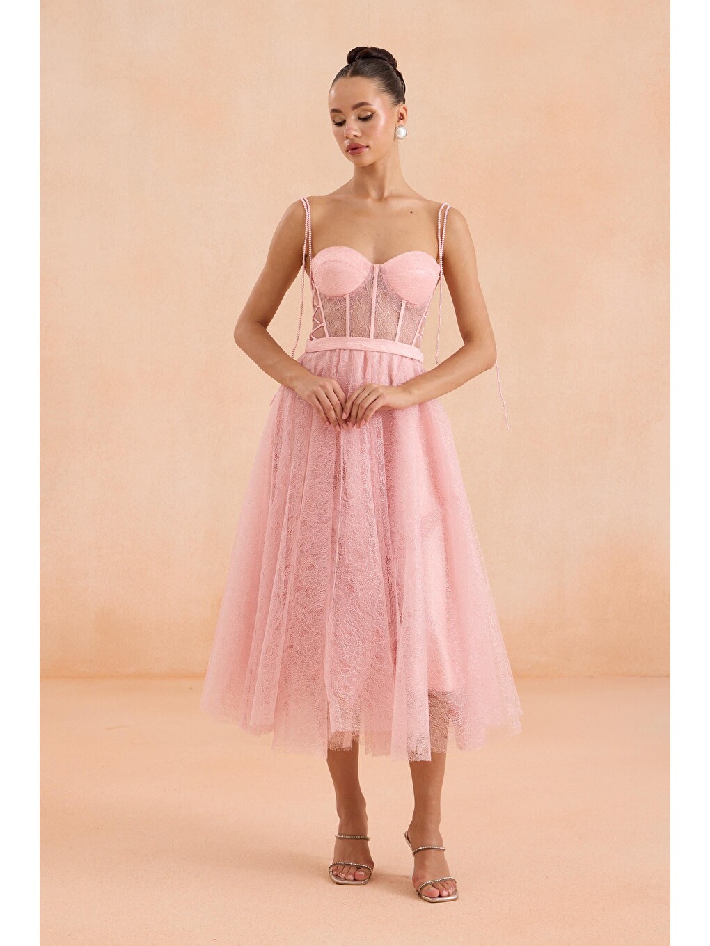 Pembe Pudra Midi Dantelli Abiye Elbise-3
