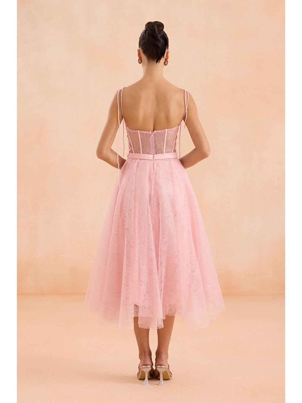 Pembe Pudra Midi Dantelli Abiye Elbise-4