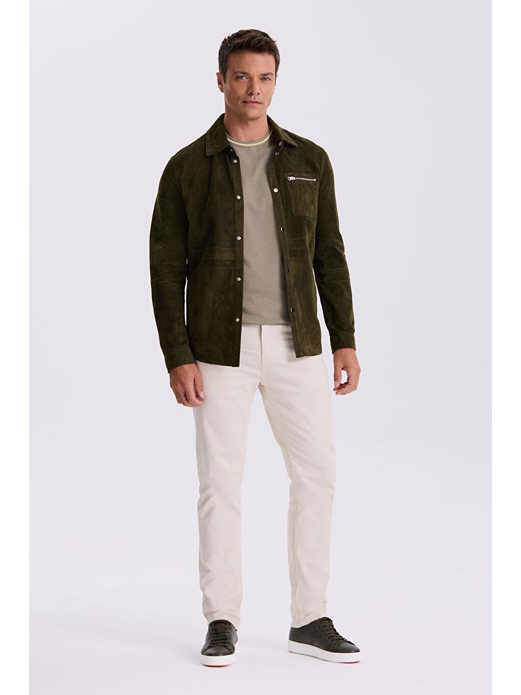 Haki Comfort Fit Bebe Yaka %100 Deri Mont