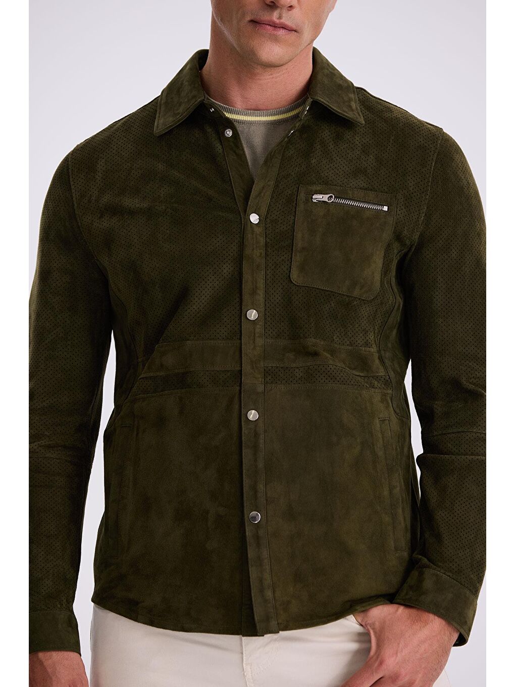 Haki Comfort Fit Bebe Yaka %100 Deri Mont-2