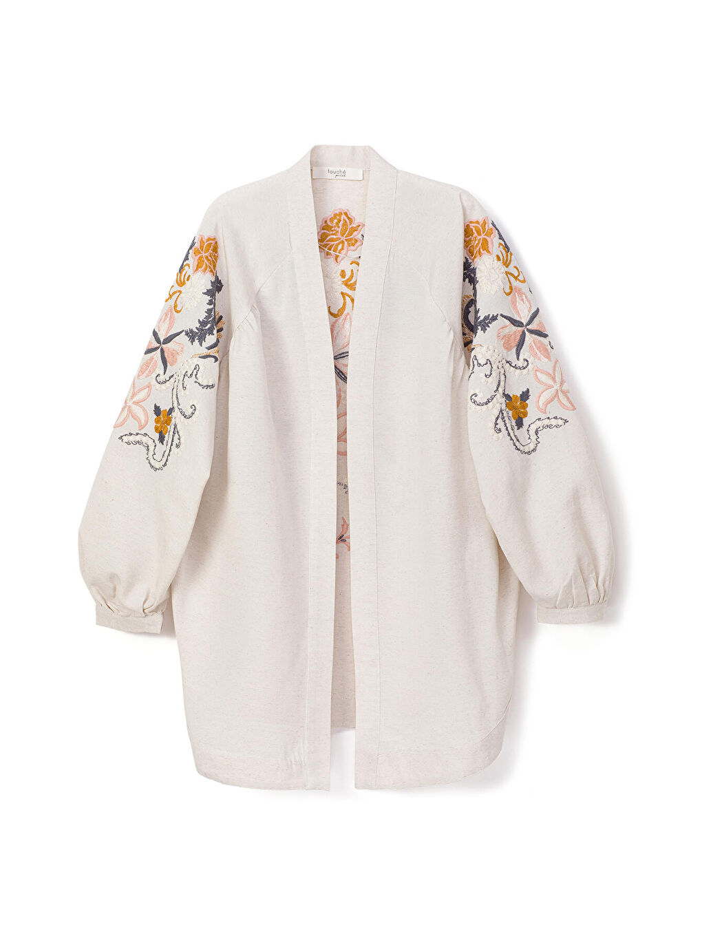 Ekru Nakışlı Kimono Ceket