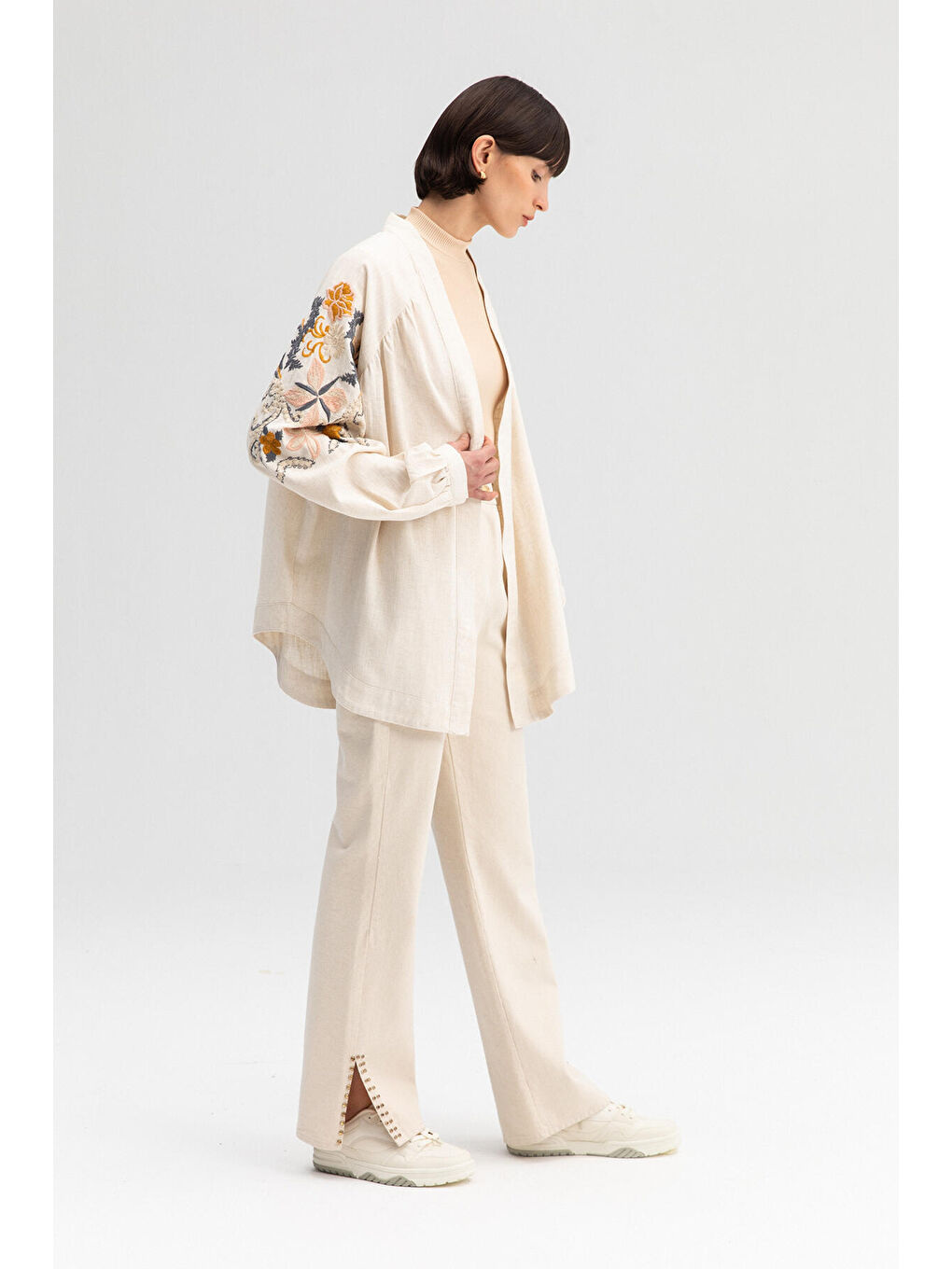 Ekru Nakışlı Kimono Ceket-3