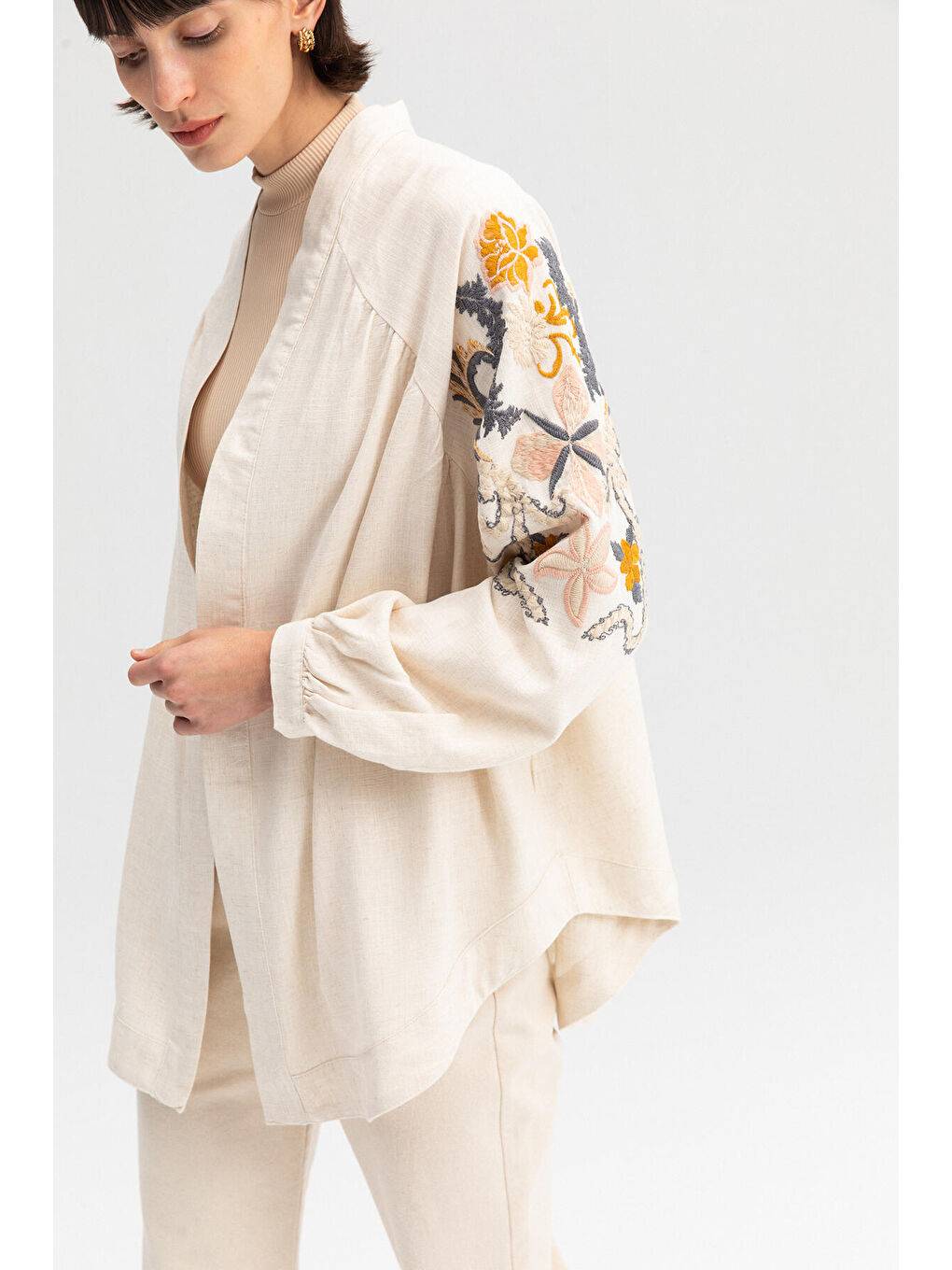Ekru Nakışlı Kimono Ceket-5