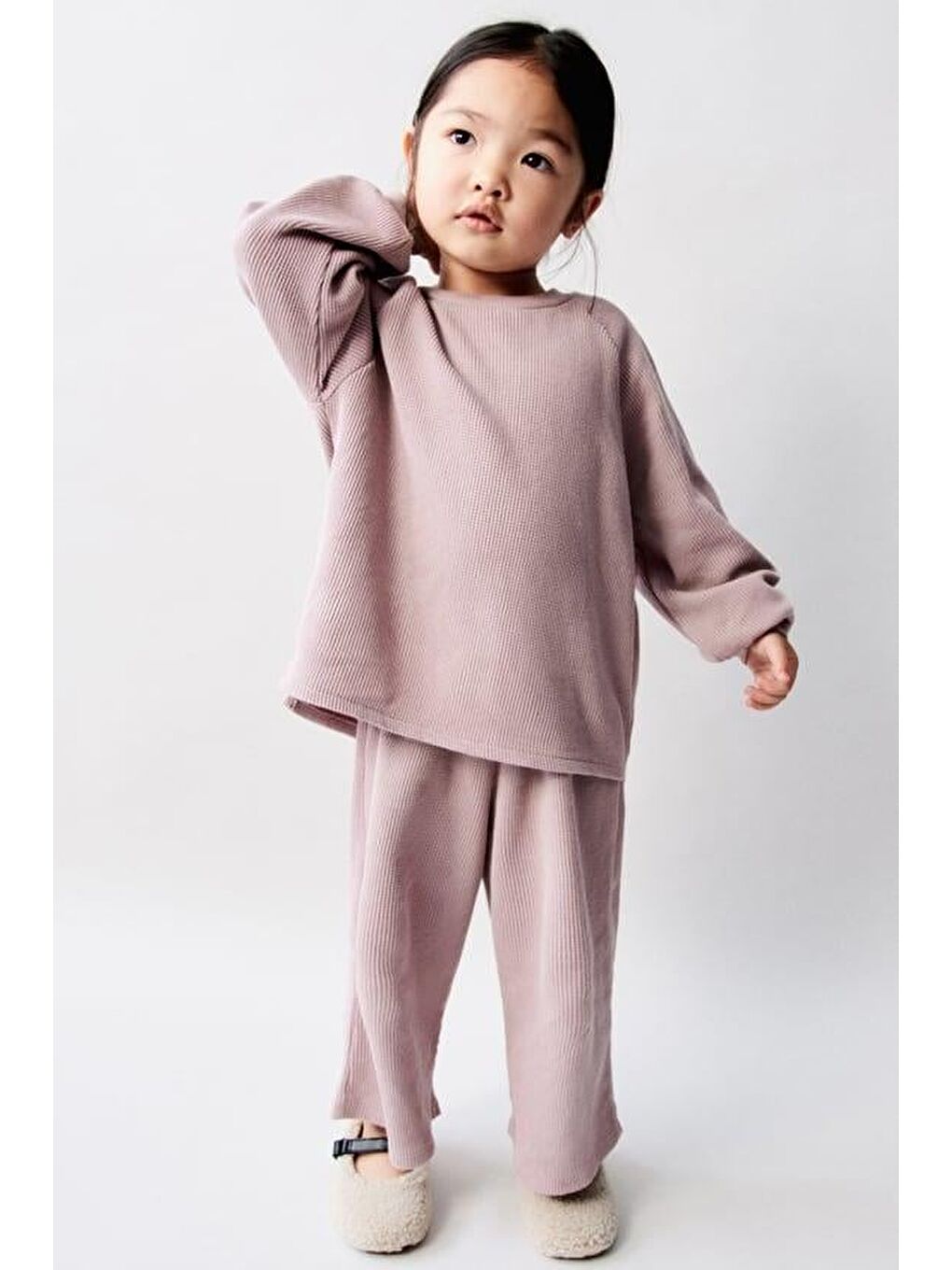 Pembe Kız Çocuk Pamuklu Gofre Sweatshirt Bol Paça Alt-Üst Takım - Rahat Kalıp