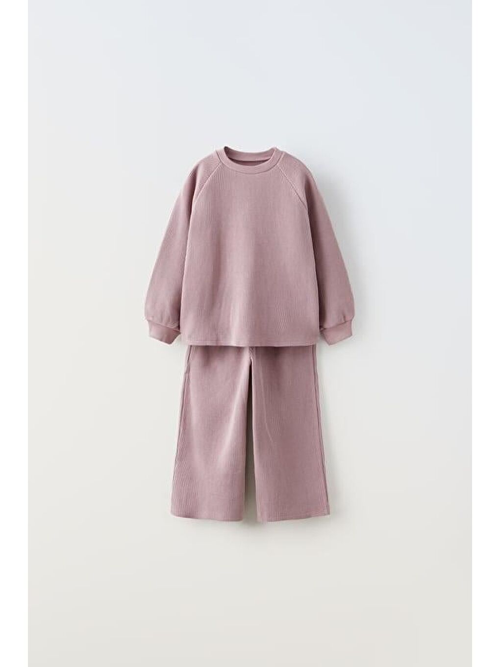 Pembe Kız Çocuk Pamuklu Gofre Sweatshirt Bol Paça Alt-Üst Takım - Rahat Kalıp-1