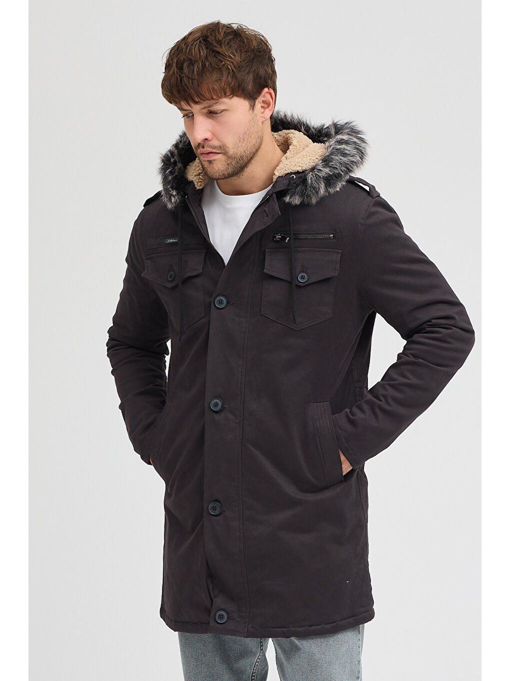 Antrasit Erkek  İçi Kürklü Soğuk Ve Rüzgar Geçirmez Kışlık Kapüşonlu Mont 225-3