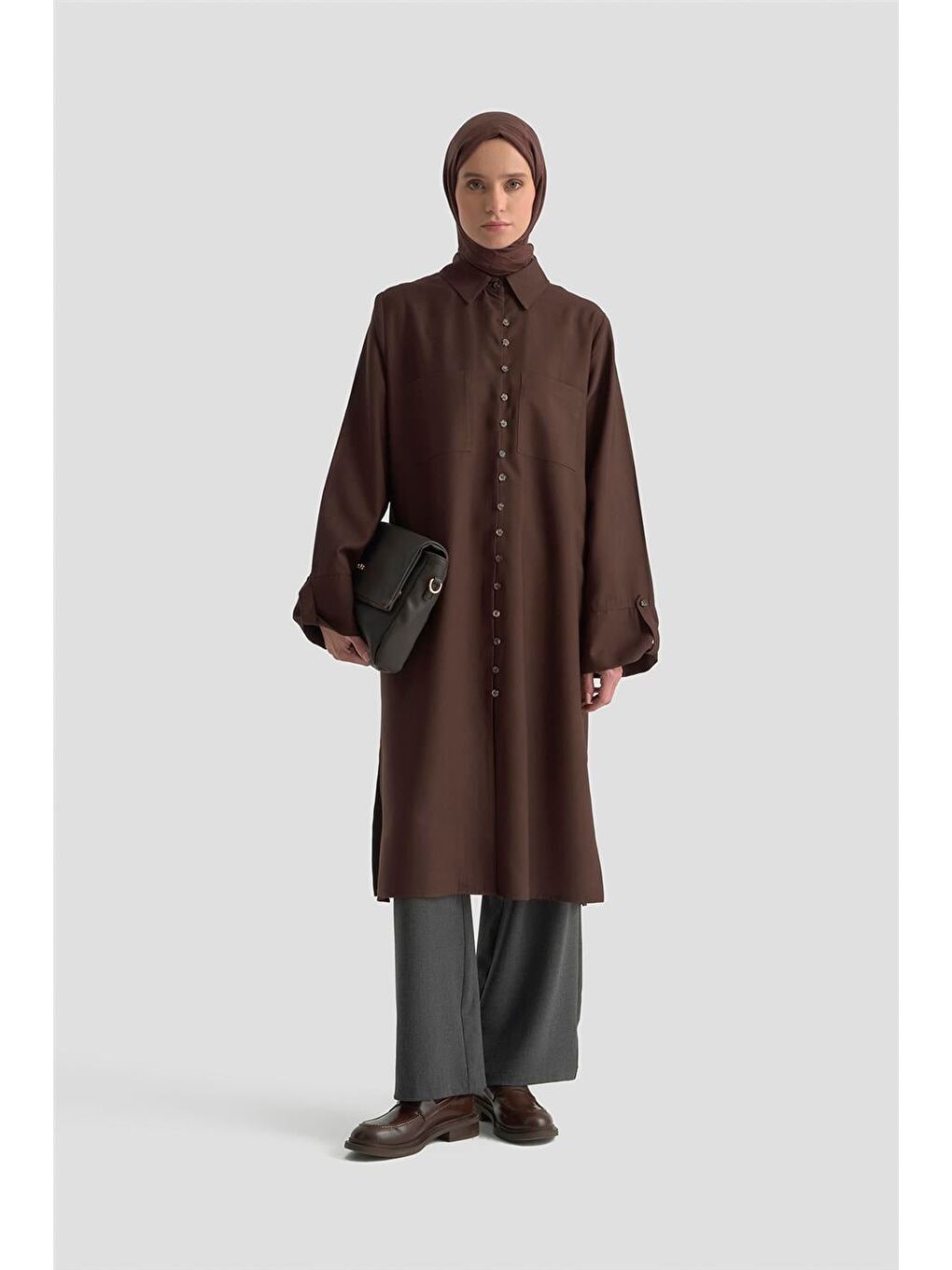 Kahverengi Yırtmaçlı Tunik Elbise 25Kd9017 Kahve-2