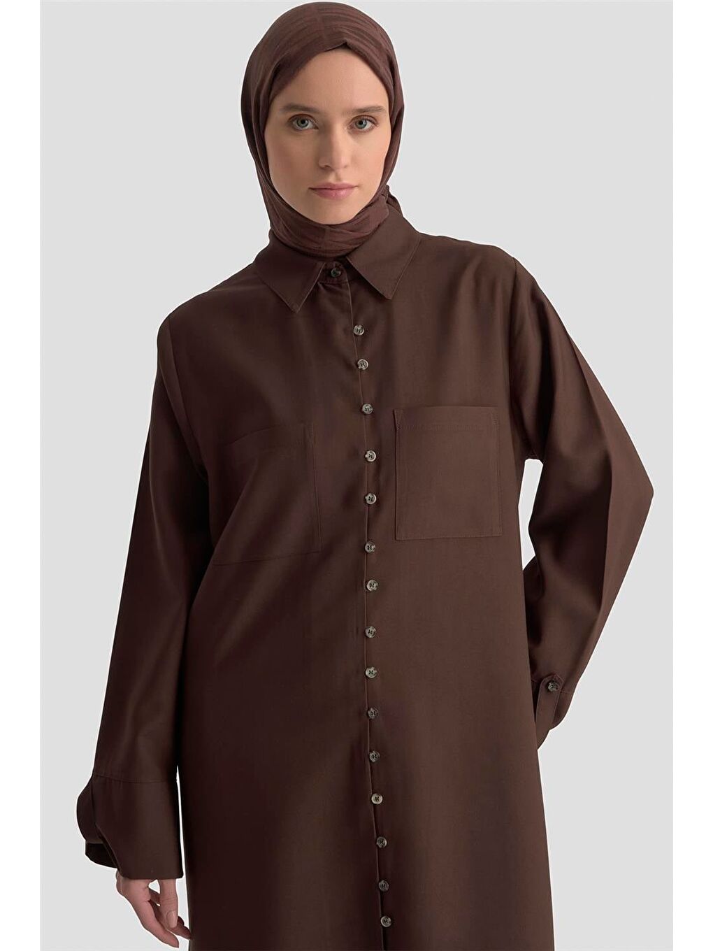 Kahverengi Yırtmaçlı Tunik Elbise 25Kd9017 Kahve-3
