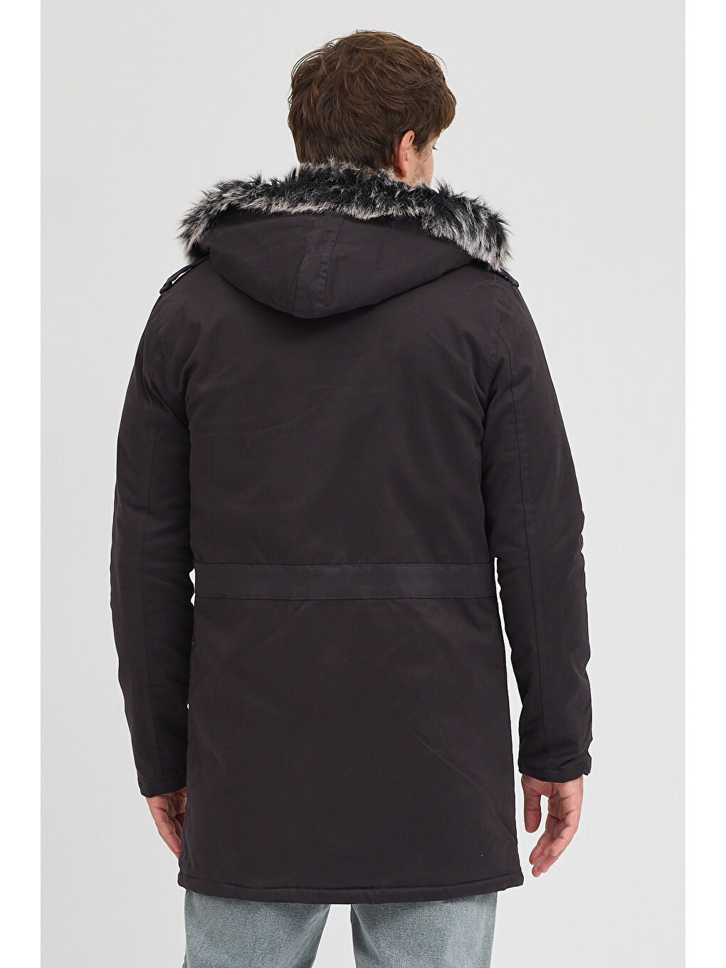 Antrasit Erkek  İçi Kürklü Soğuk Ve Rüzgar Geçirmez Kışlık Kapüşonlu Mont 225-4