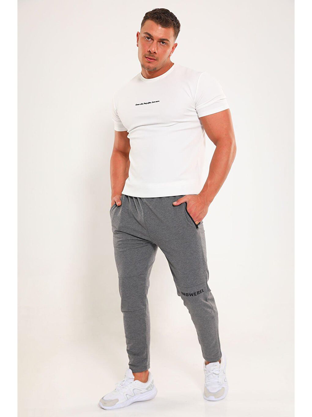 Gri Bel Lastikli Yazı Baskı Detaylı Erkek Eşofman Altı-2
