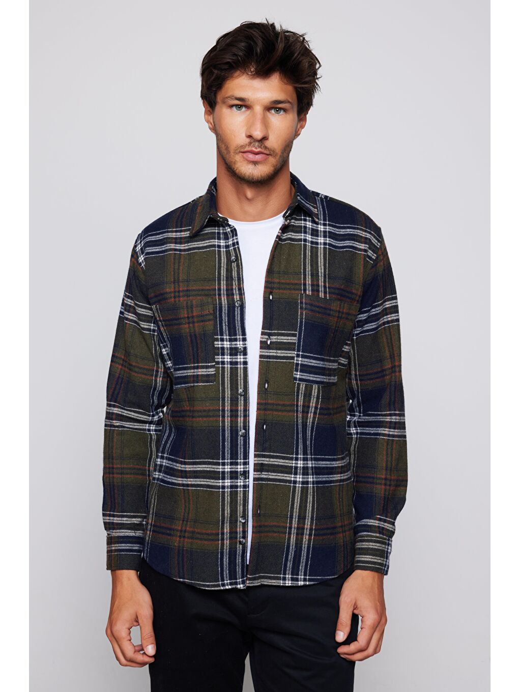 Karışık Erkek Regular Fit Klasik Kesim Çift Cepli Kareli Kışlık Oduncu Gömlek-2