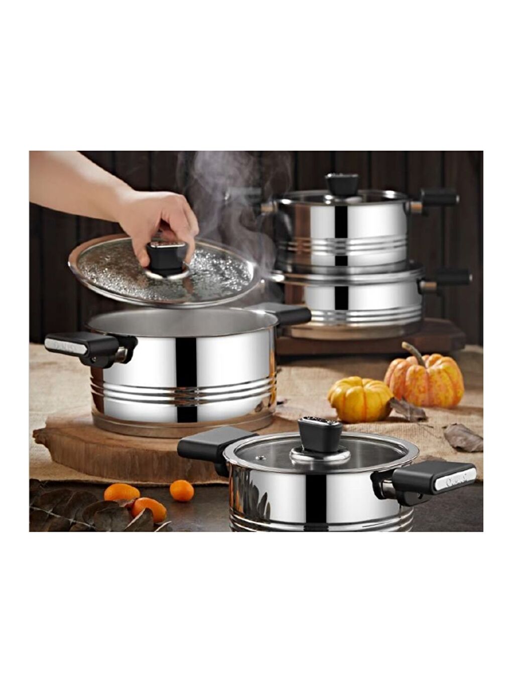 Gri 1129 8 Parça Lüx Silindir Çelik Tencere Seti-1