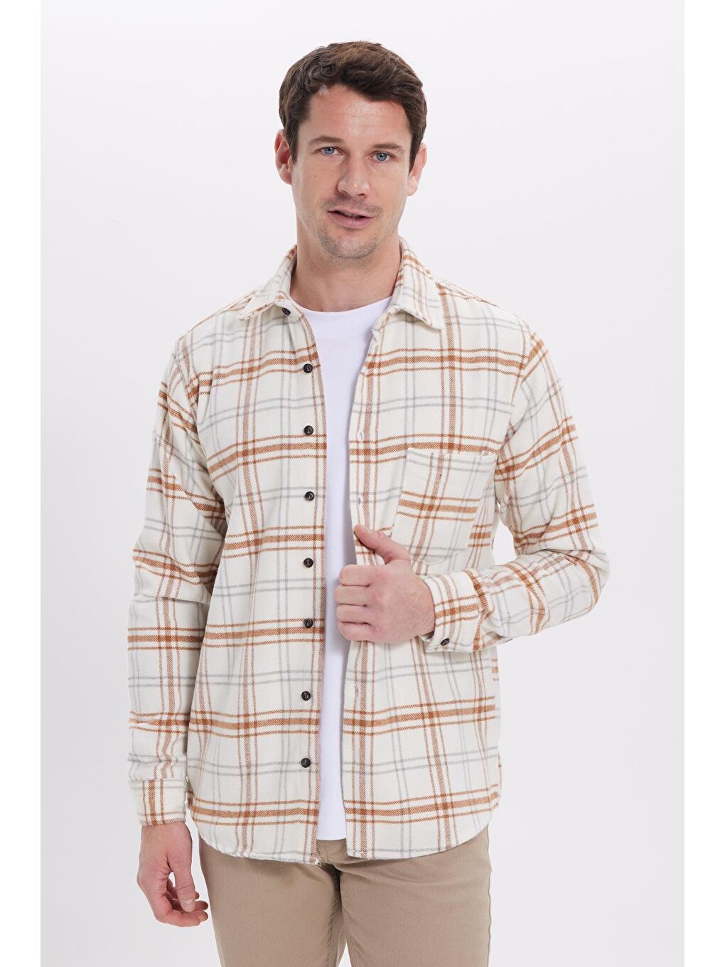 Ekru Erkek Regular Fit Rahat Kesim Kışlık Kareli Oduncu Gömlek