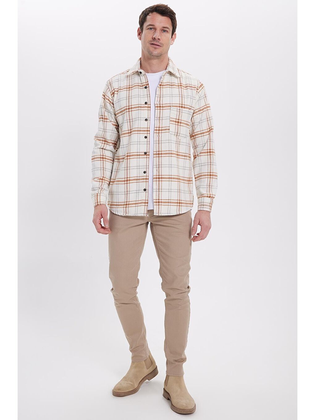 Ekru Erkek Regular Fit Rahat Kesim Kışlık Kareli Oduncu Gömlek-2