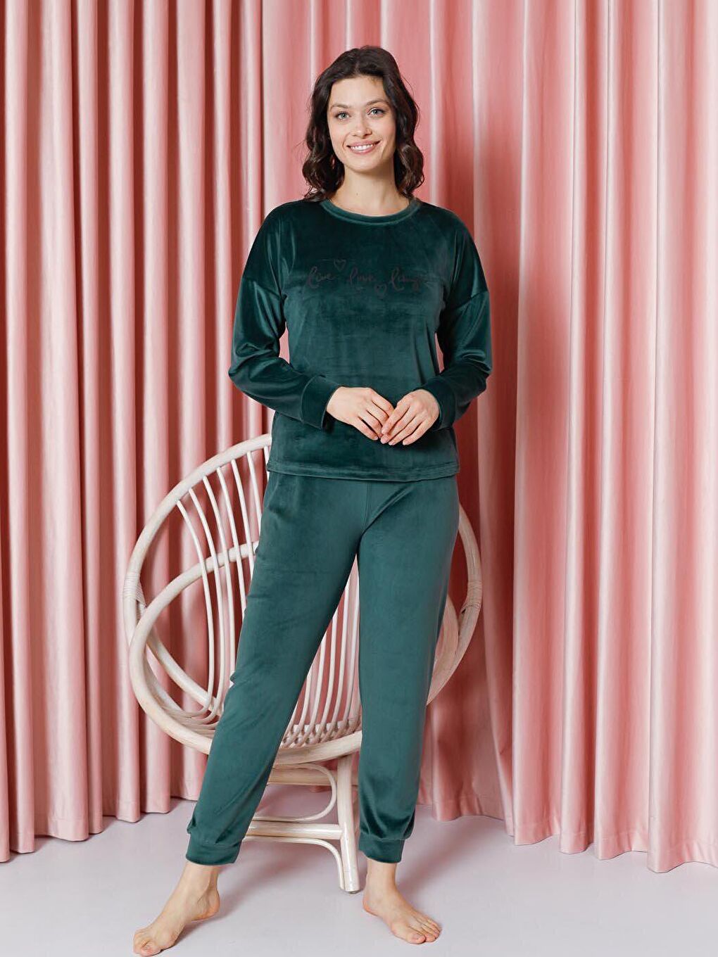 Haki Kadın Pijama Takımı Fransız Kadife Kol Paça Manşetli Live Love Laugh Kışlık Mevsimlik-2
