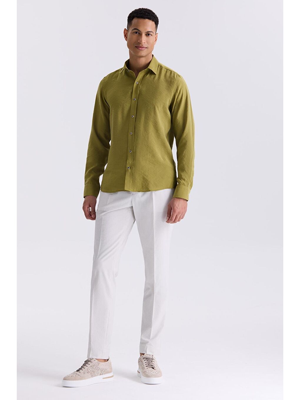 Yeşil Ceviz Comfort Fit Düğmeli Yaka Gömlek-1