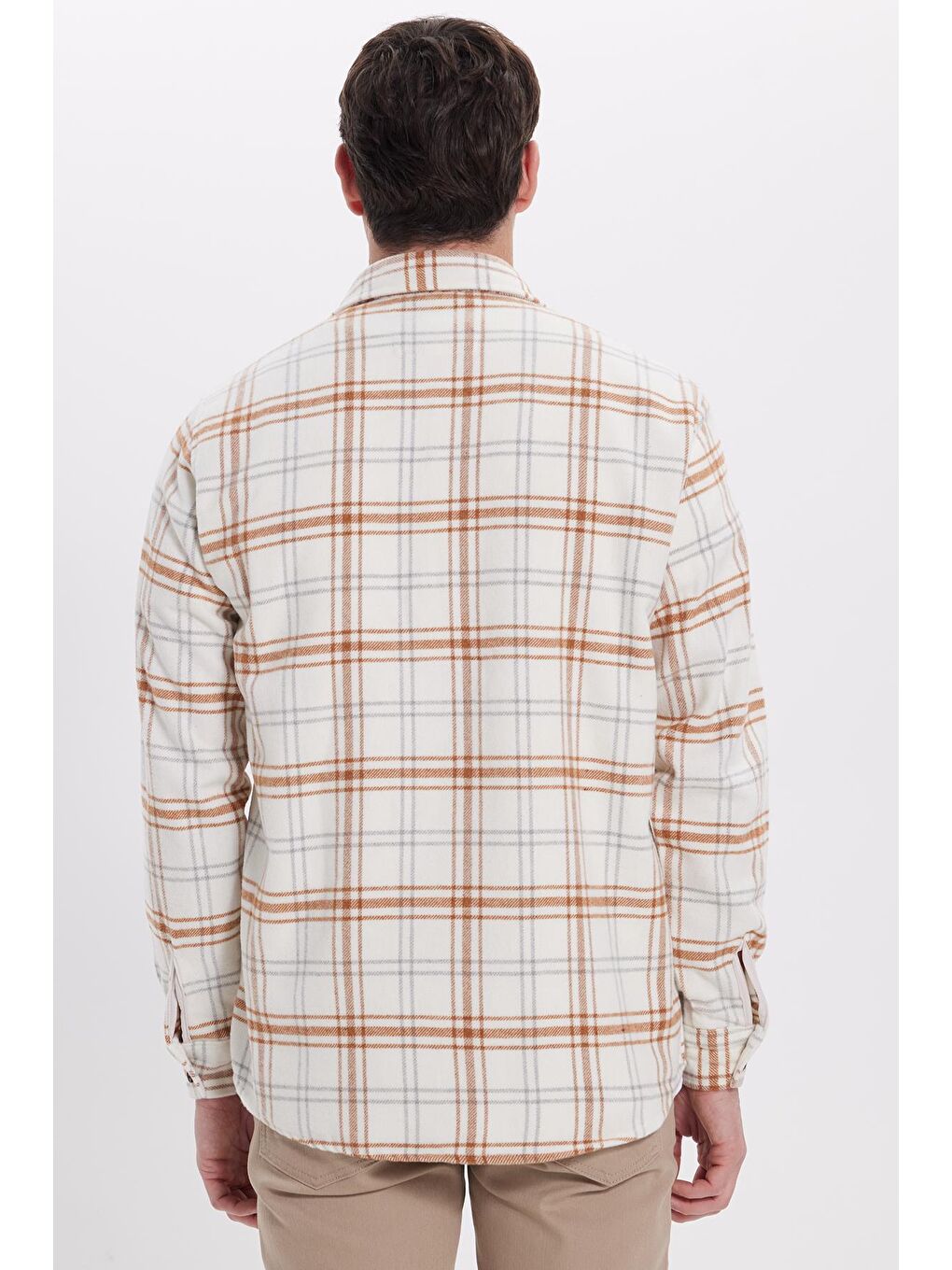 Ekru Erkek Regular Fit Rahat Kesim Kışlık Kareli Oduncu Gömlek-5