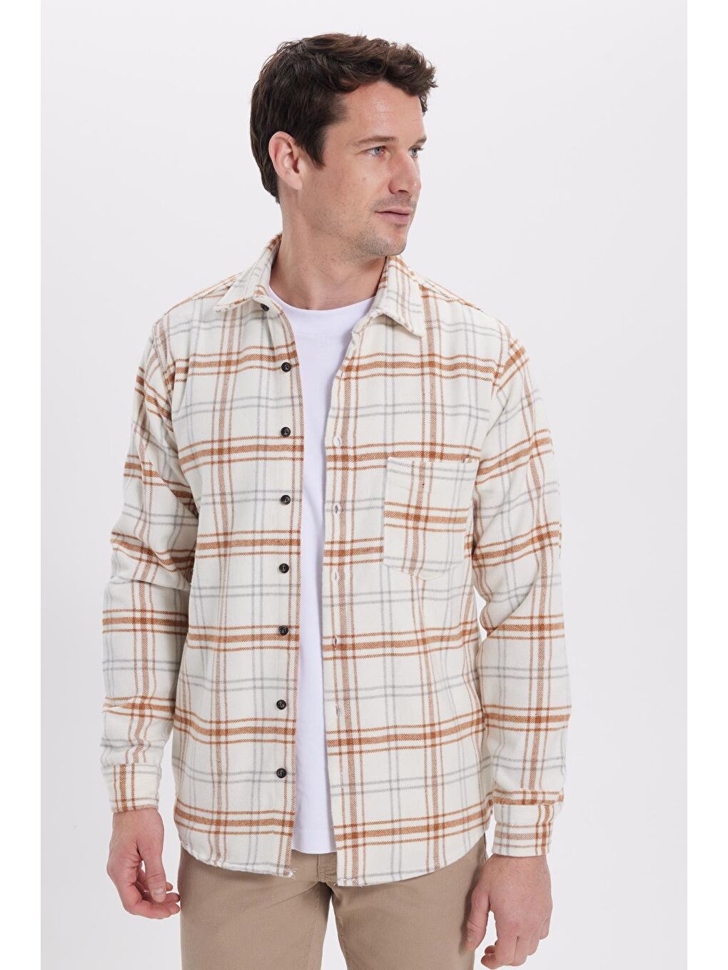 Ekru Erkek Regular Fit Rahat Kesim Kışlık Kareli Oduncu Gömlek-6