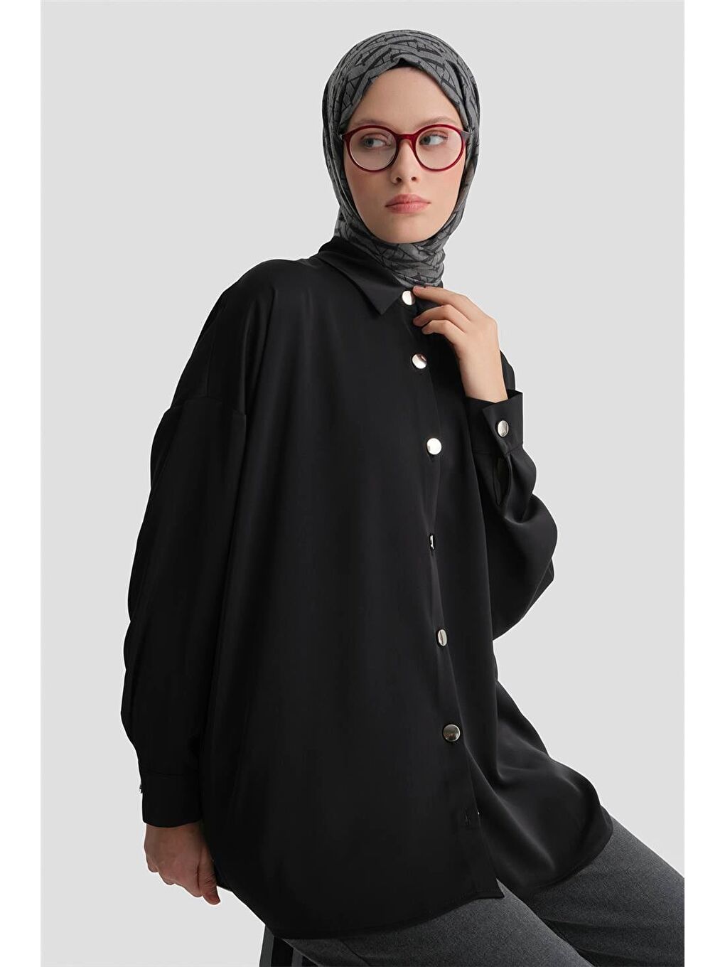 Metal Düğmeli Oversize Tunik Siyah