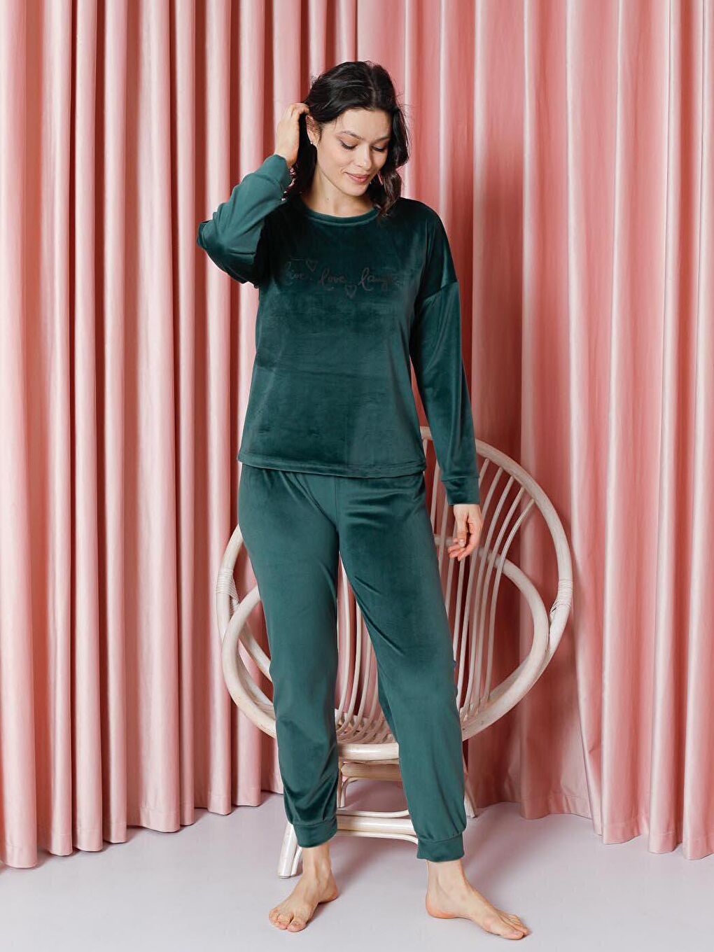 Haki Kadın Pijama Takımı Fransız Kadife Kol Paça Manşetli Live Love Laugh Kışlık Mevsimlik-3