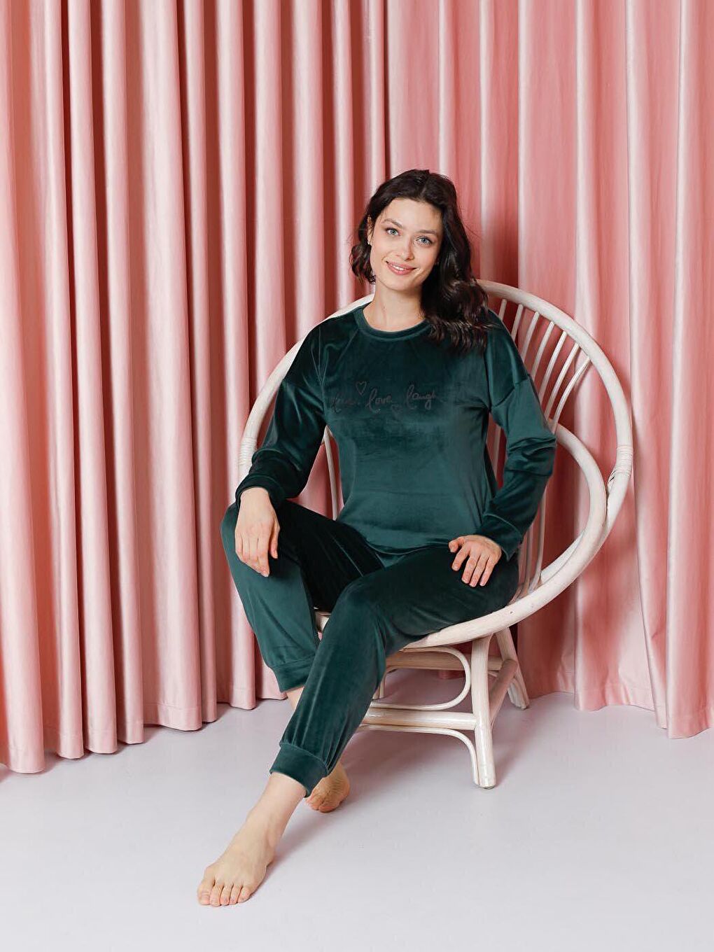Haki Kadın Pijama Takımı Fransız Kadife Kol Paça Manşetli Live Love Laugh Kışlık Mevsimlik-5