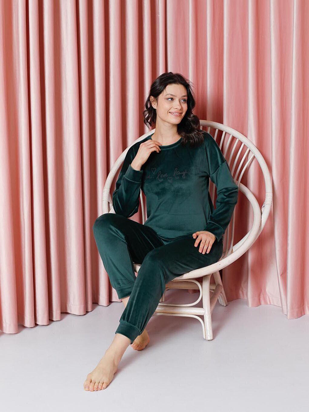 Haki Kadın Pijama Takımı Fransız Kadife Kol Paça Manşetli Live Love Laugh Kışlık Mevsimlik-6