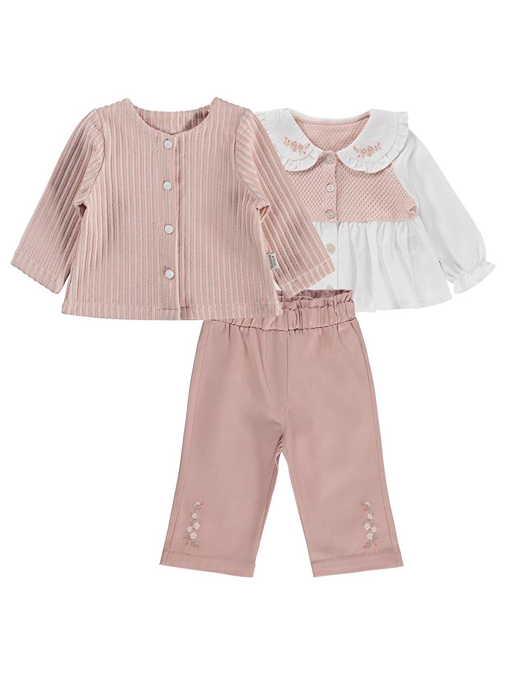Lüks Yakası Nakışlı Hırkalı 3 Lü 6-18 Ay Takım - Pembe 6-9 Ay-1