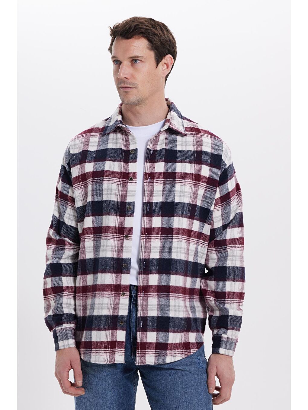 Bordo Erkek Relax Fit Rahat Kesim Kışlık Kareli Oduncu Gömlek-1