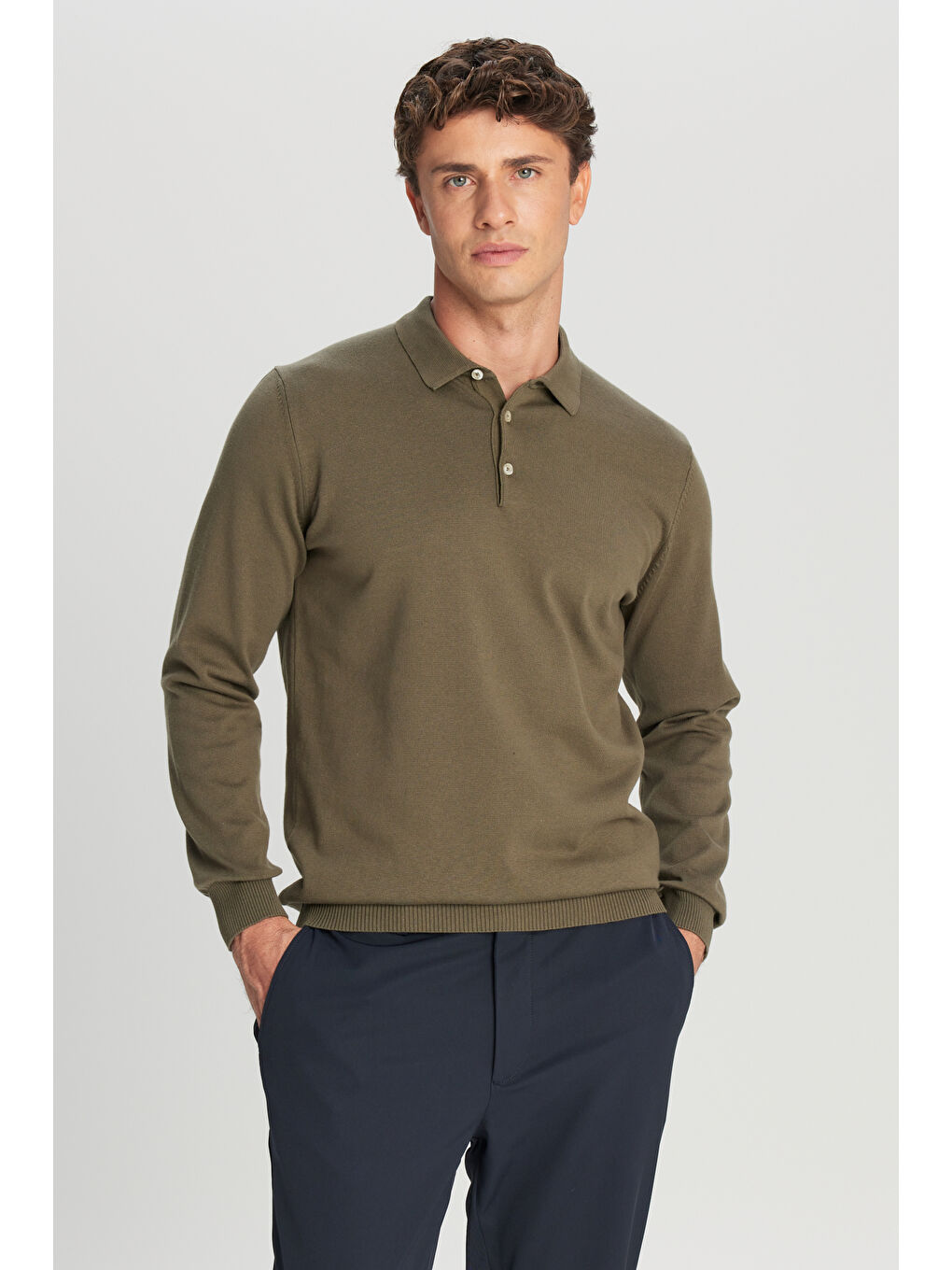 Erkek Haki Pamuklu Standart Fit Normal Kesim Polo Yaka Triko Kazak