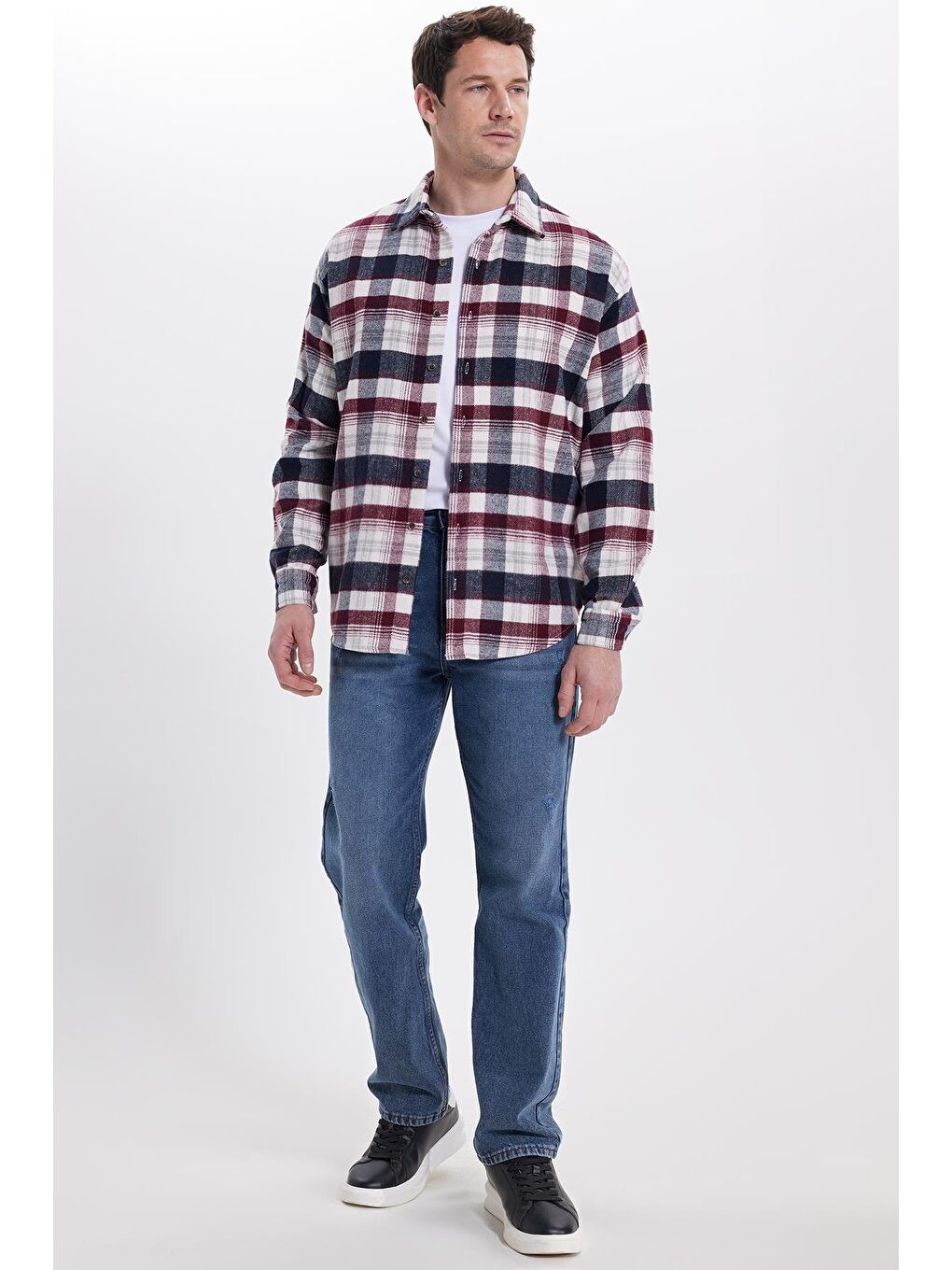 Bordo Erkek Relax Fit Rahat Kesim Kışlık Kareli Oduncu Gömlek-2