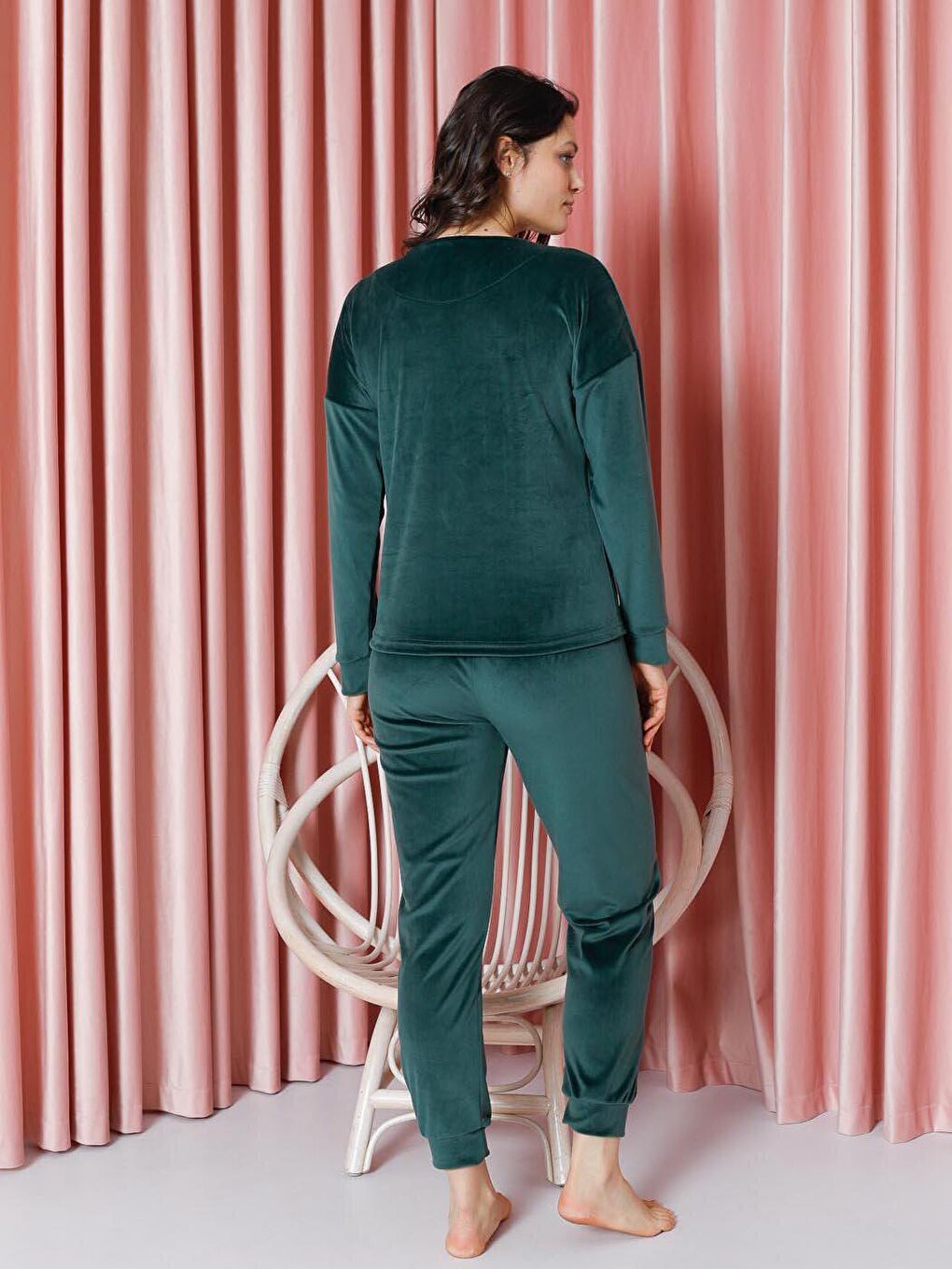 Haki Kadın Pijama Takımı Fransız Kadife Kol Paça Manşetli Live Love Laugh Kışlık Mevsimlik-7