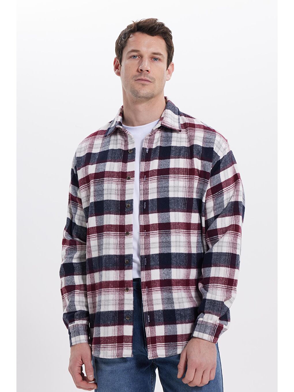Bordo Erkek Relax Fit Rahat Kesim Kışlık Kareli Oduncu Gömlek-6