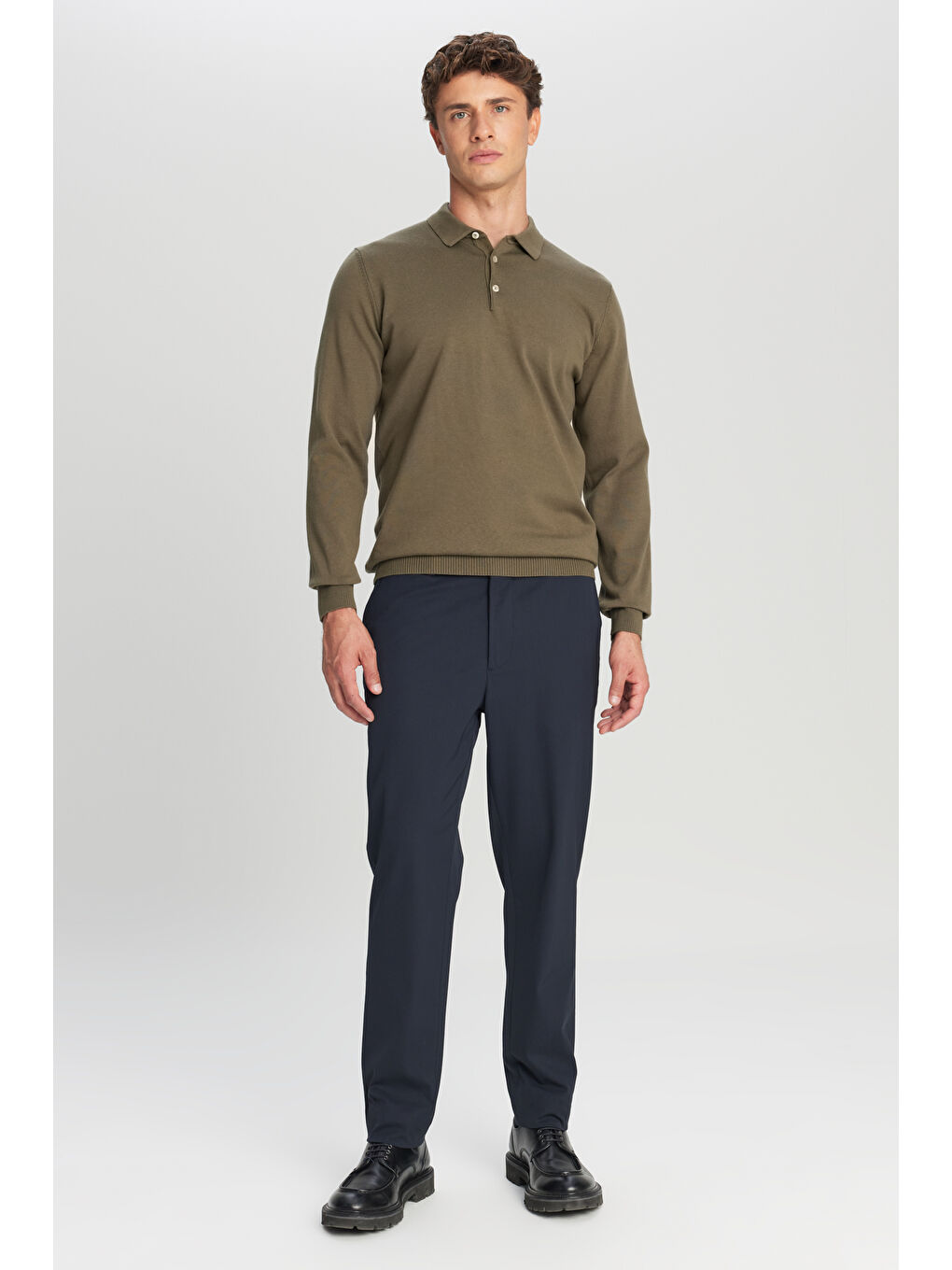 Erkek Haki Pamuklu Standart Fit Normal Kesim Polo Yaka Triko Kazak-1