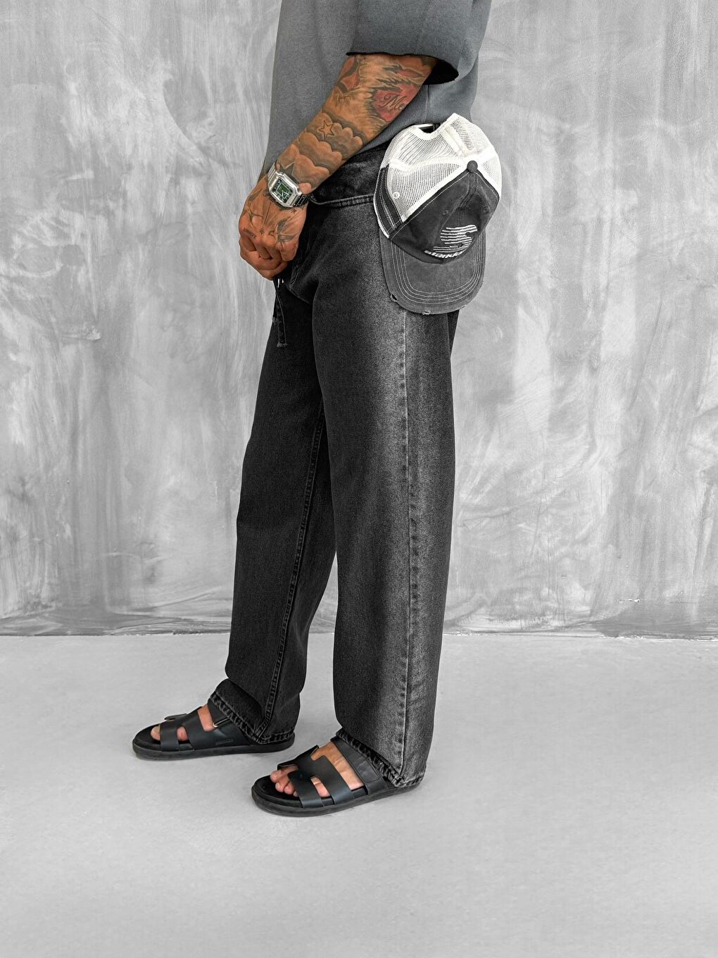 Erkek Kemer Detaylı Yıkamalı Baggy Fit Pantolon Siyah-4