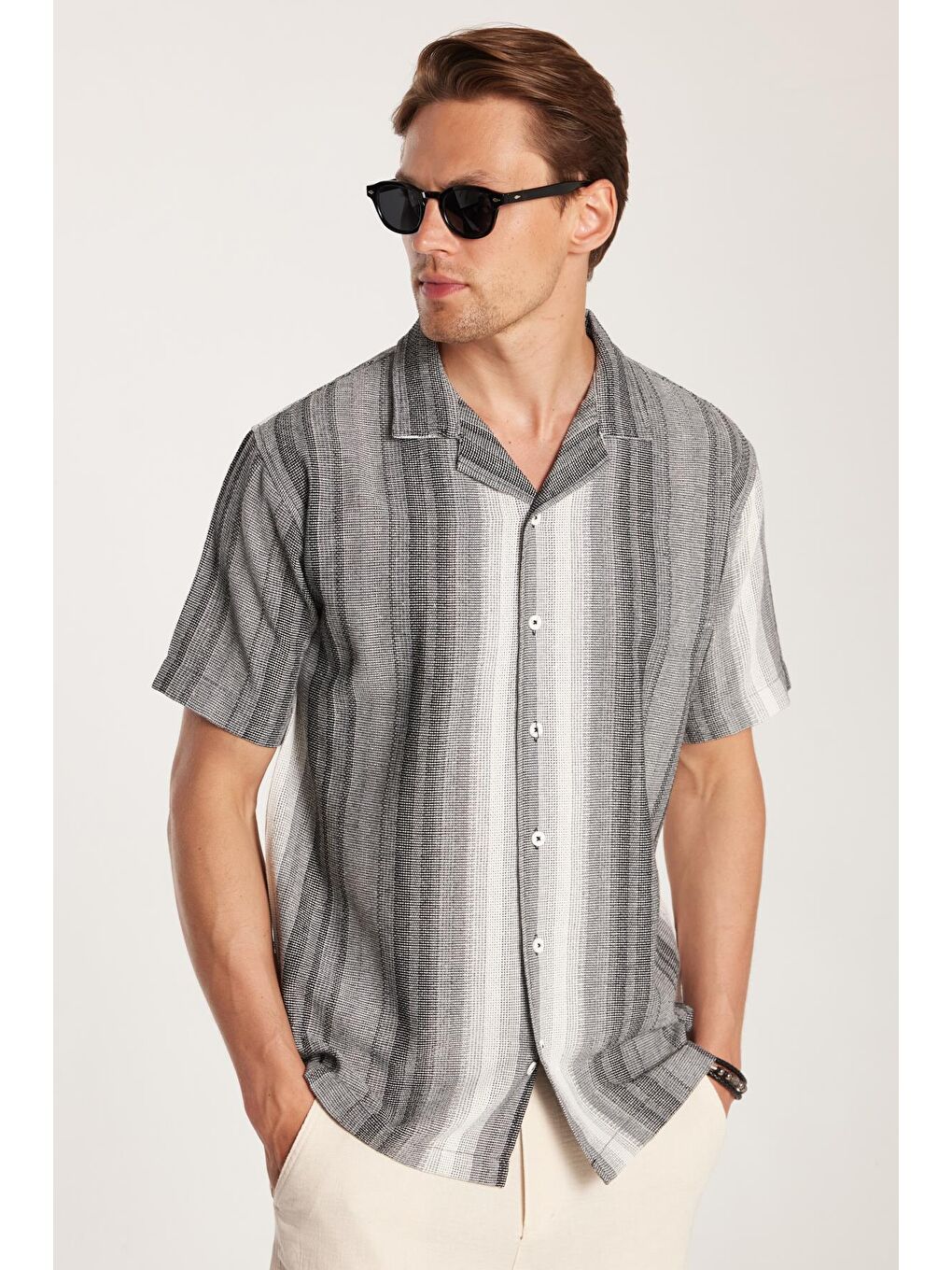 Karışık Relax Fit Oversize Dökümlü Rahat Kalıp Çizgili Keten Efekt Erkek Gömlek