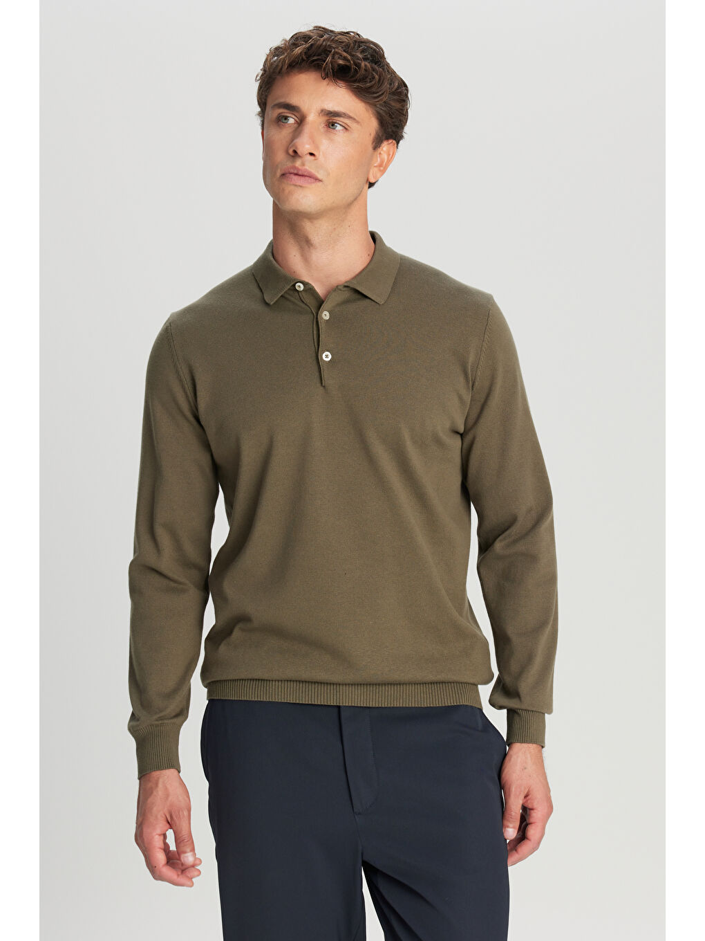 Erkek Haki Pamuklu Standart Fit Normal Kesim Polo Yaka Triko Kazak-2