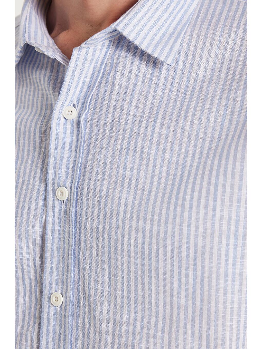 Erkek Slim Fit Dar Kesim Düğmeli Spor Yaka Keten Efekt %100 Pamuk Mavi Çizgili Yazlık Gömlek-2