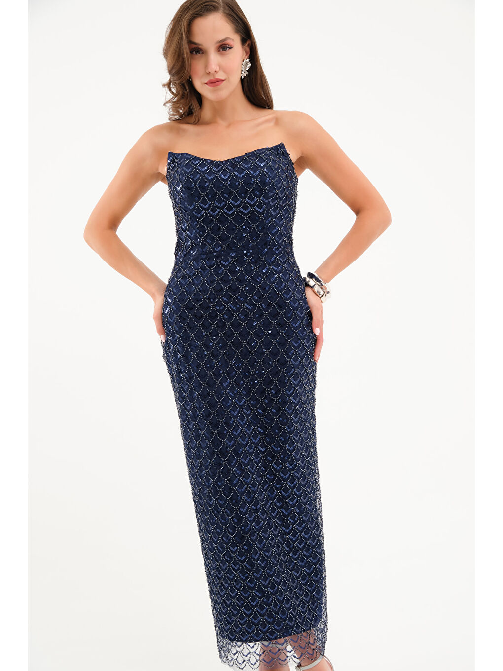 Kadın Lacivert Straplez Payetli Kalem Abiye Elbise-1