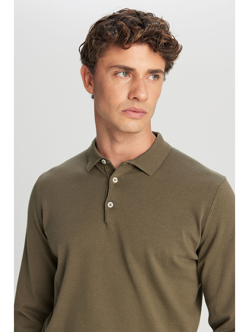 Erkek Haki Pamuklu Standart Fit Normal Kesim Polo Yaka Triko Kazak-3