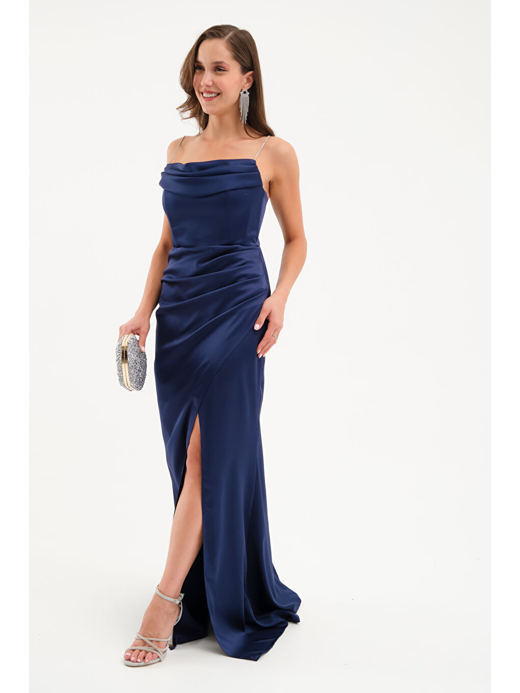 Kadın Lacivert Taş Askılı Uzun Söz Nişan Abiye Elbise-1