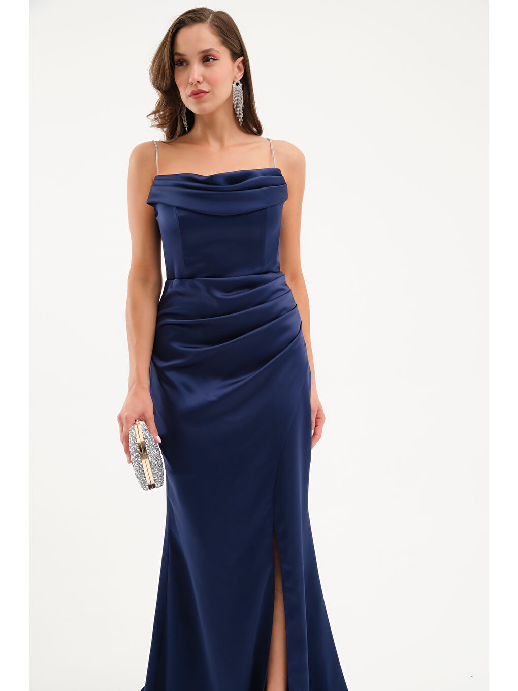 Kadın Lacivert Taş Askılı Uzun Söz Nişan Abiye Elbise-2