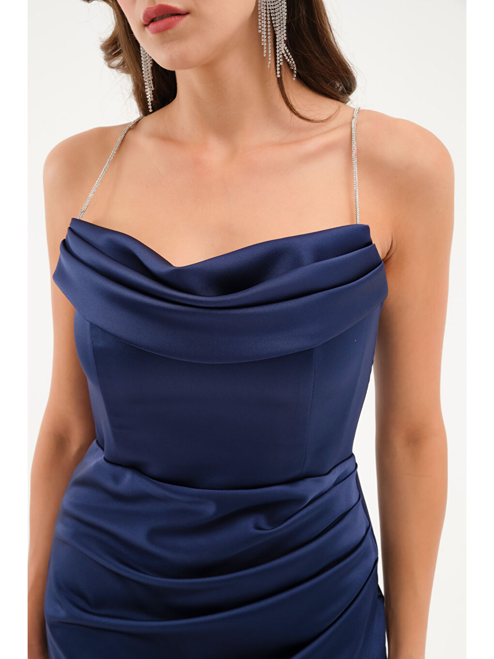 Kadın Lacivert Taş Askılı Uzun Söz Nişan Abiye Elbise-3