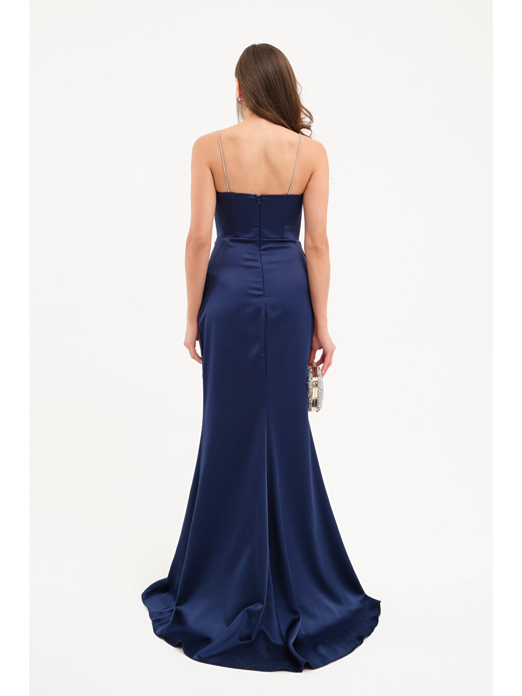 Kadın Lacivert Taş Askılı Uzun Söz Nişan Abiye Elbise-4