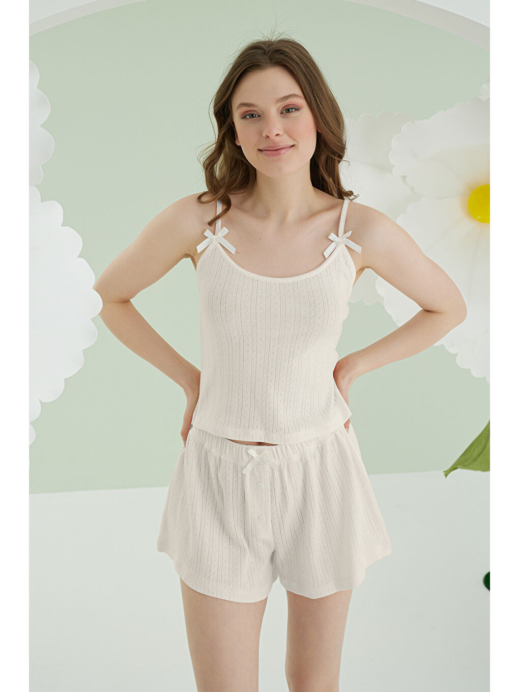 Ekru Askılı Şortlu Pijama Takım