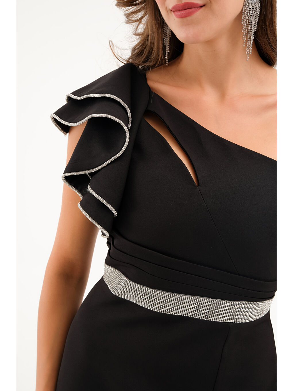 Kadın Siyah Tek Omuz Fırfırlı Uzun Söz Nişan Nikah Abiye Elbise-1