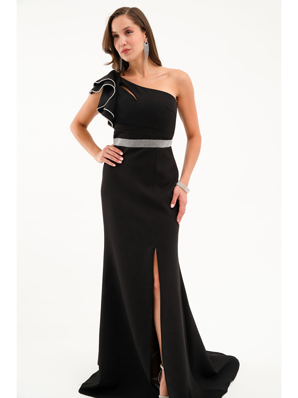 Kadın Siyah Tek Omuz Fırfırlı Uzun Söz Nişan Nikah Abiye Elbise-2