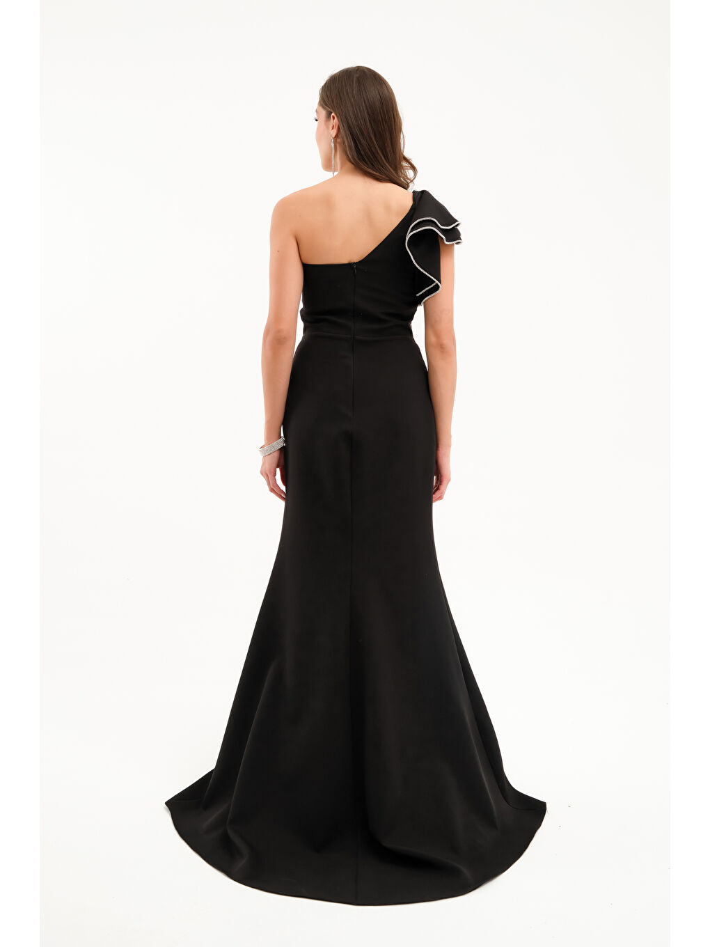 Kadın Siyah Tek Omuz Fırfırlı Uzun Söz Nişan Nikah Abiye Elbise-4