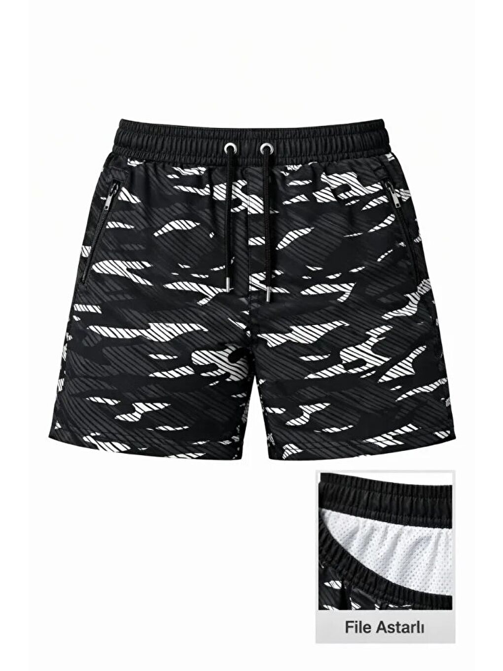 Erkek Deniz Şortu Fermuarlı Cepli File Astarlı Hızlı Kuruyan Premium - Siyah