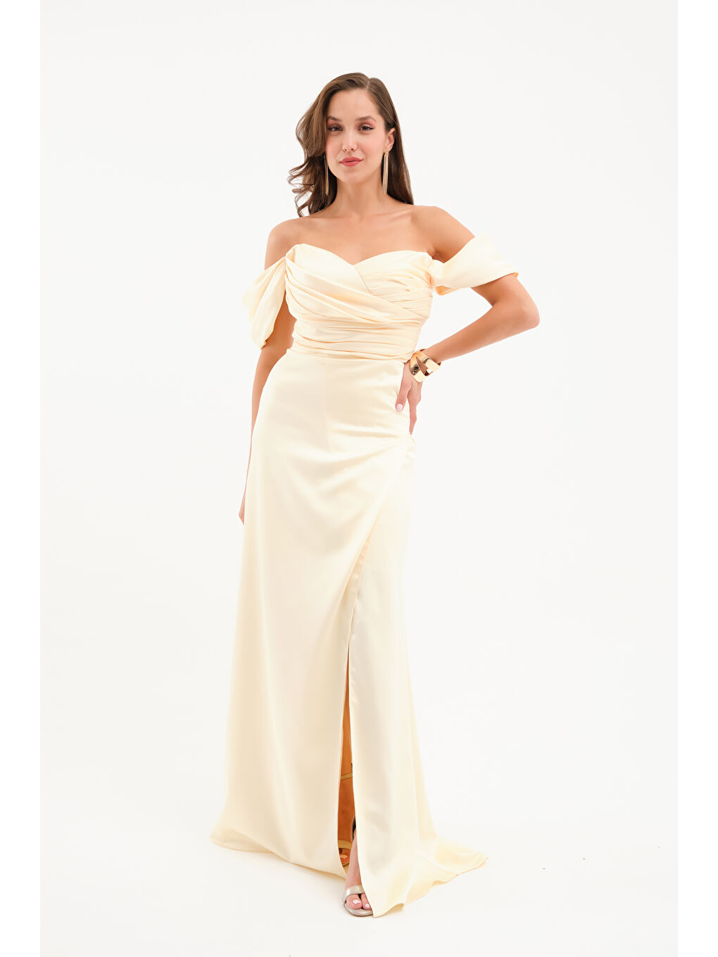 Kadın Sarı Kayık Yaka Yırtmaçlı Söz Nişan Nikah Abiye Elbise-3